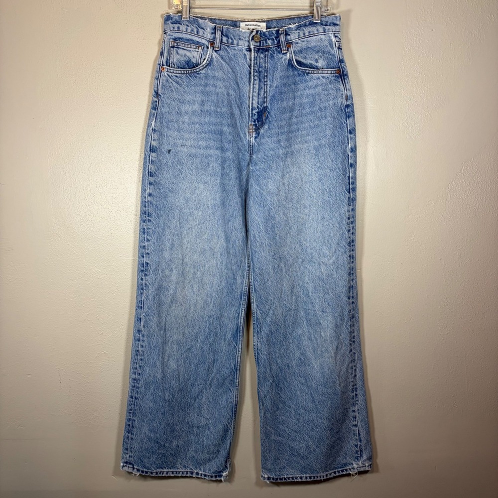 Reformation Womens Size 29 High Rise Wide Leg Light Wash Jeans Frayed Waist Blue